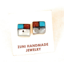 Load image into Gallery viewer, Zuni Sun Face Square Multi Stone And Sterling Stud Earrings