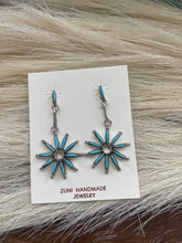 Load image into Gallery viewer, Zuni Turquoise And Sterling Silver Flower Dangle Earrings