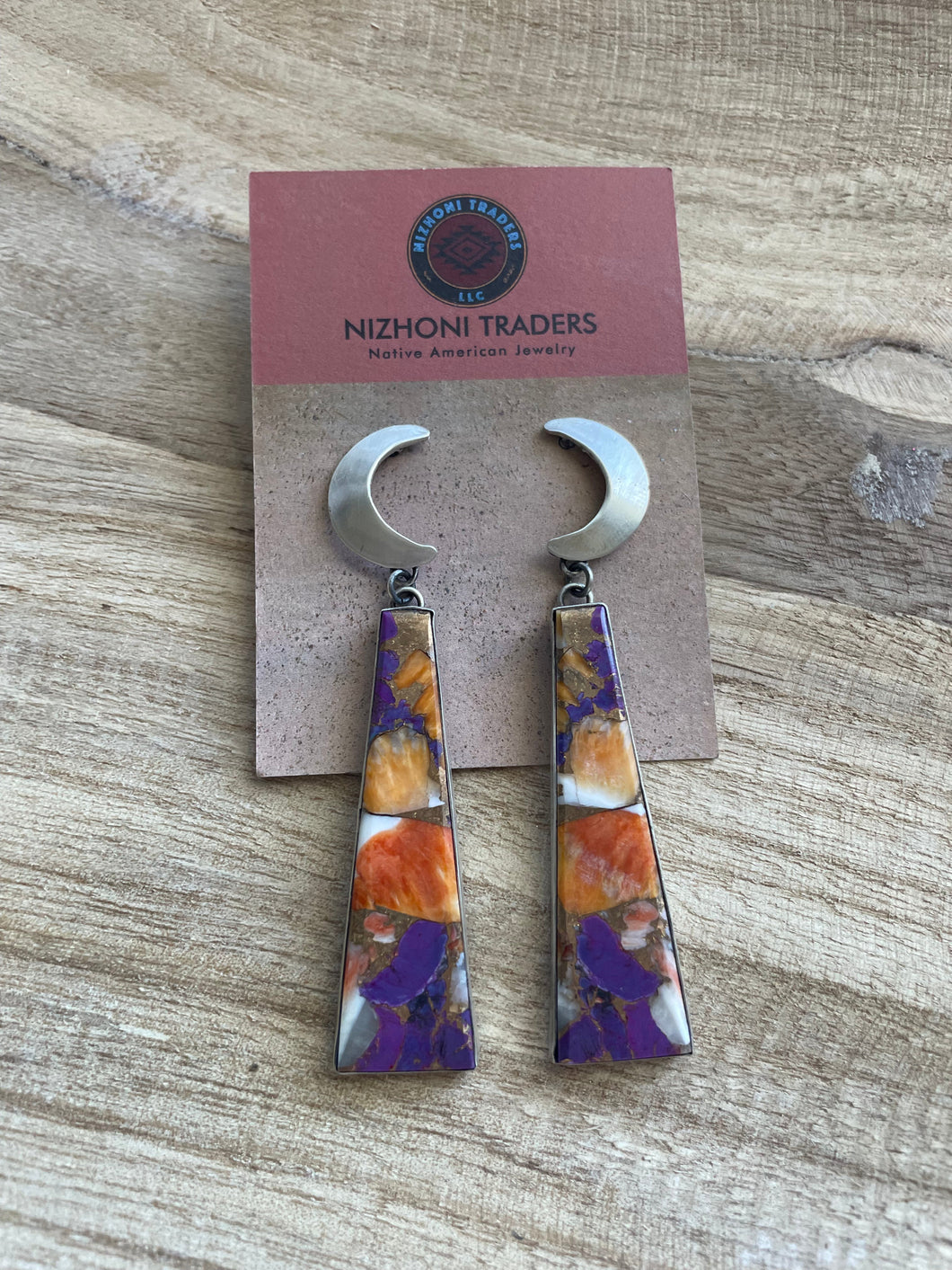 Navajo Sterling Silver & Purple Dream Slab Moon Dangle Earrings Signed