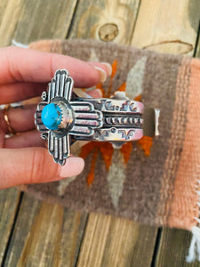 Navajo Sterling Silver & Kingman Turquoise Cross Cuff Bracelet By Kevin Billah