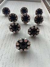 Load image into Gallery viewer, Navajo Sterling Silver, Black Onyx, Pink Conch Flower Cluster Adjustable Rings Signed