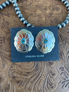 Navajo Sterling Silver And Turquoise Shiny Concho Earrings