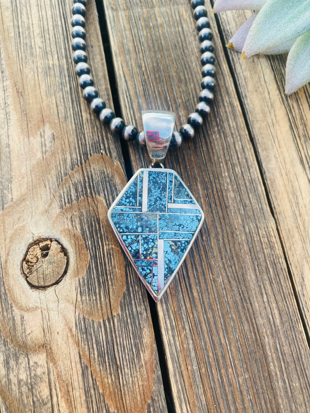 Navajo Blue Moon Turquoise and Sterling Silver Inlay Pendant