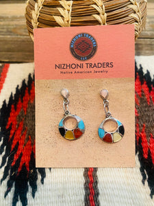 Zuni Sterling Silver & Multi Stone Inlay Dangle Earrings