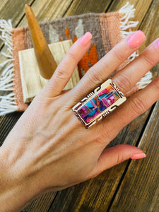 Navajo Sterling Silver & Pink Dream Mohave Rectangle Inlay Ring Size 8.25