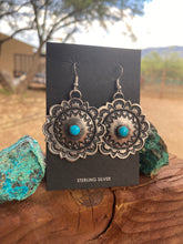 Load image into Gallery viewer, Navajo Turquoise &amp; Sterling Silver Concho Dangle Earrings By Kevin Billah