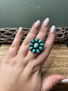 Navajo Turquoise And Sterling Silver Adjustable Cluster Ring