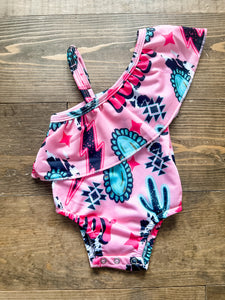 SALE Girls Swim One-Piece Pink & Turquoise Western Cowgirl