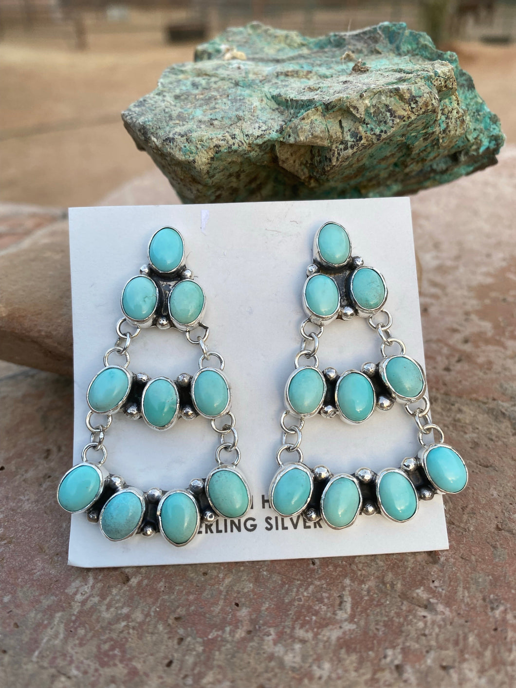 Navajo Carico Lake Turquoise & Sterling Silver Cluster Dangle Earrings Signed