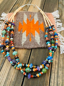 Navajo Multi Stone & Heishi Triple Strand Beaded Necklace
