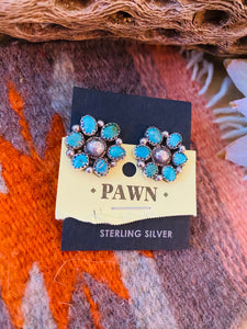 Vintage Old Pawn Navajo Turquoise & Sterling Silver Cluster Post Earrings