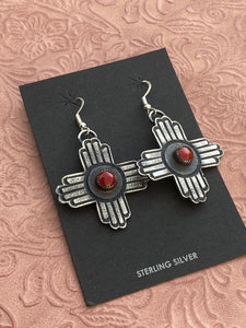 Navajo Coral & Sterling Silver Zia Dangle Earrings By Kevin Billah