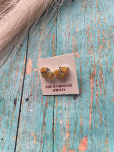 Zuni Sterling Silver & Yellow Opal Inlay Heart Stud Earrings