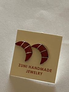 Zuni Sterling Silver & Coral Inlay Moon Stud Earrings