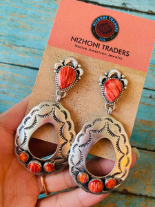 Navajo Sterling Silver & Red Spiny Concho Dangle Earrings