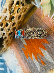 Navajo Old Pawn Vintage Turquoise, Coral & Sterling Silver Cuff Bracelet