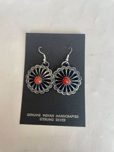 Load image into Gallery viewer, Navajo Red Coral And Sterling Silver Flower Earrings