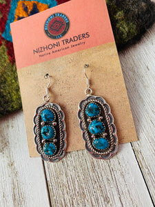Navajo Sterling Silver Kingman Turquoise Dangle Earrings Signed