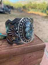 Load image into Gallery viewer, Navajo Hand Stamped New Lander Turquoise &amp; Sterling Silver Cross Cuff  Bracelet By Elvira Bill