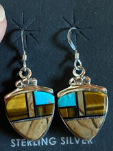 Load image into Gallery viewer, Navajo Turquoise, Onyx, Petrified Wood &amp; Sterling Silver Dangle Earrings