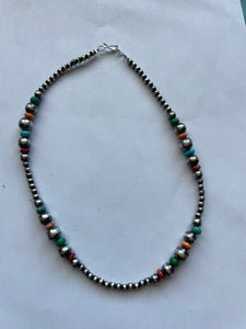 Navajo Sterling Silver & Multi Stone Beaded Necklace 16”