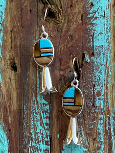 Navajo Turquoise, Onyx, Petrified Wood & Sterling Silver Blossom Dangle Earrings