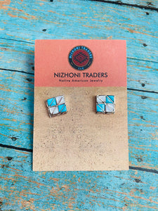Zuni Sterling Silver, Mother of Pearl & Turquoise Inlay Stud Earrings