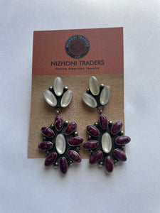 Navajo Purple Spiny, Pearl & Sterling Silver Dangle Earrings Signed Jacquline Silver