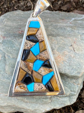Load image into Gallery viewer, Navajo Rolled Turquoise, Petrified Wood, Onyx &amp; Sterling Silver Pendant