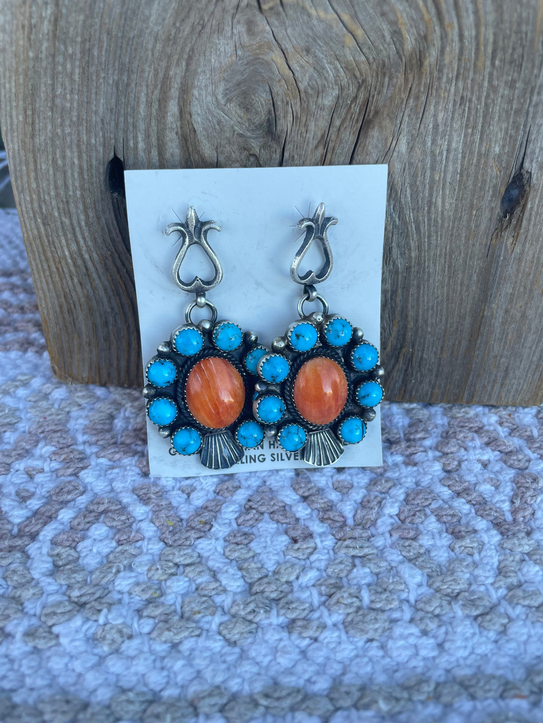 Navajo Sterling Silver Orange Spiny AndTurquoise Dangle Earrings By Kevin Billah