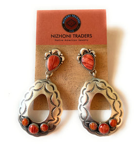 Navajo Sterling Silver & Red Spiny Concho Dangle Earrings