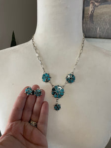 Zuni Sterling Silver & Turquoise Flower Necklace Earrings Set Signed