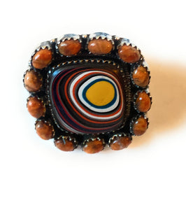 Handmade Sterling Silver, Fordite & Orange Mohave Cluster Adjustable Ring
