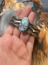 Load image into Gallery viewer, Navajo Golden Hills Turquoise Sterling Silver Cuff Bracelet Signed