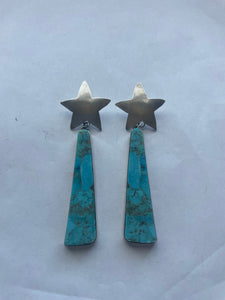 Navajo Sterling Silver & Turquoise Slab Star Dangle Earrings Signed