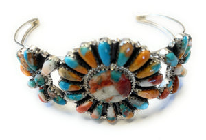 Navajo Multi Stone Spice And Sterling Silver Cluster Bracelet Cuff