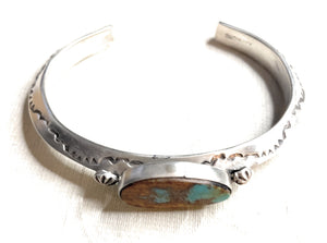 Navajo Hand Stamped Sterling Silver & Turquoise Cuff Bracelet Signed