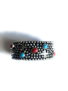 Navajo Sterling Silver, Turquoise, & Coral Cross Cuff Bracelet By Ronnie Willie