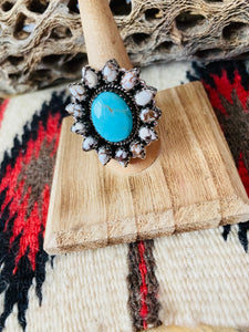 Handmade Sterling Silver, Wild Horse & Turquoise Cluster Adjustable Ring