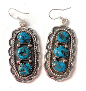 Navajo Sterling Silver Kingman Turquoise Dangle Earrings Signed