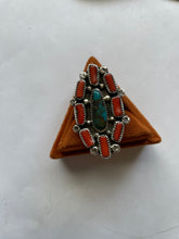 Load image into Gallery viewer, Navajo Coral, Turquoise &amp; Sterling Silver Cluster Ring Size 9 Signed
