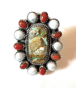 Handmade Sterling Silver, Turquoise, Coral & Pearl Cluster Adjustable Ring