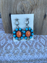 Load image into Gallery viewer, Navajo Sterling Silver Orange Spiny AndTurquoise Dangle Earrings By Kevin Billah