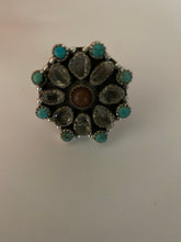 Load image into Gallery viewer, Handmade Garnet Sterling Silver, Turquoise &amp; Herkimer Diamond Cluster Adjustable Ring