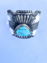 Load image into Gallery viewer, Navajo Hand Stamped Turquoise And Sterling Silver Cuff Bracelet By Elvira Bill