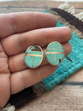 Load image into Gallery viewer, Navajo Number 8 Turquoise Inlay &amp; Sterling Silver Post Earrings Signed