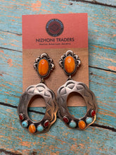 Load image into Gallery viewer, Navajo Sterling Silver Orange Spiny, Turquoise And Coral Concho Dangle Earrings