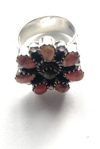 Handmade Sterling Silver, Orange Spiny & Turquoise Cluster Adjustable Ring Signed Nizhoni