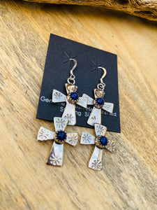Navajo Hand Stamped Sterling Silver & Lapis Cross Dangle Earrings