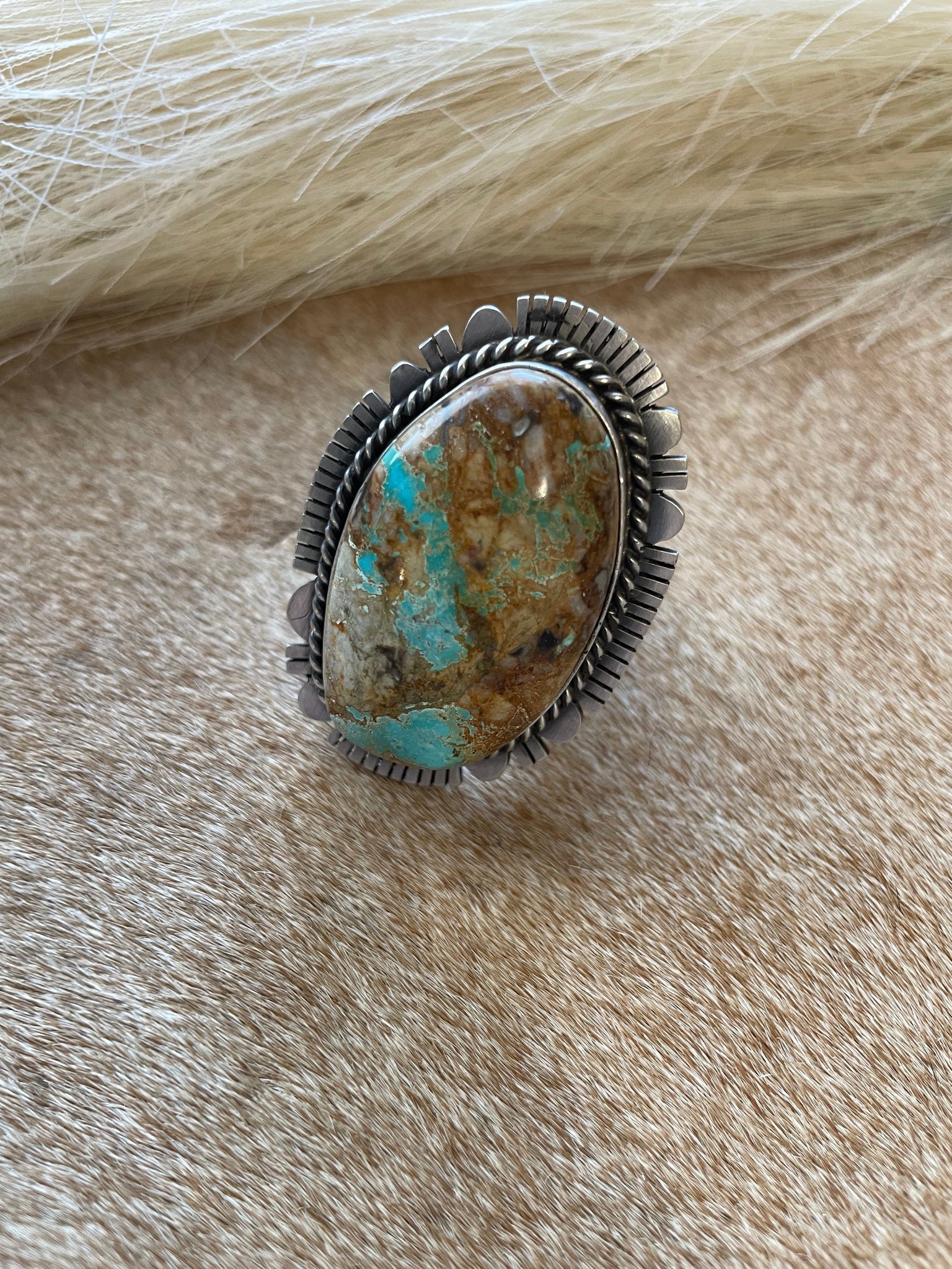Gold Sterling Silver Navajo Turquoise Ring Size 10